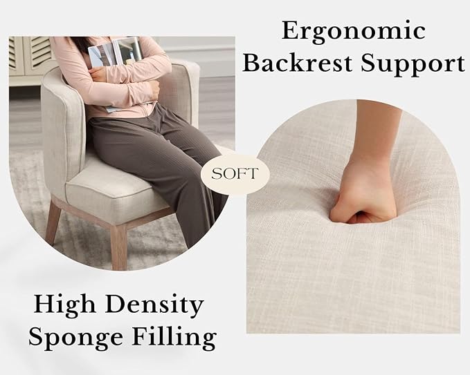 Beige Barrel Chair with Solid Wood Frame, Small Round Accent Chair, Comfy Linen - Image 8