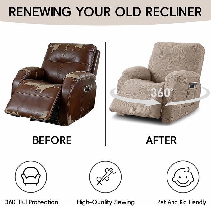 Recliner Chair Covers, 4-Piece Stretch Geometric Strokes Jacquard Reclining - Image 6
