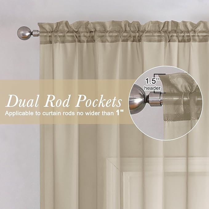 Lecloud Taupe Sheer Curtains 108 Inches Long 2 Panels, Dual Rod Pocket Light - Image 6
