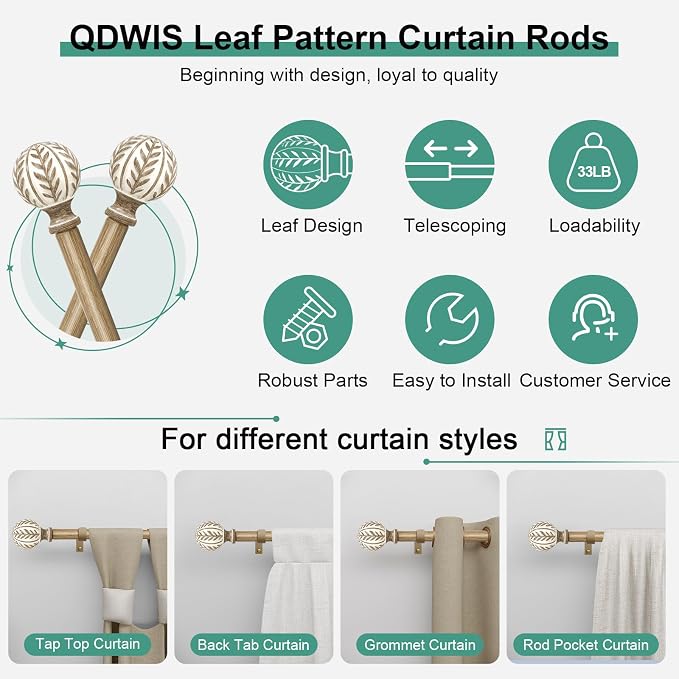 QDWIS Boho Wood Curtain Rods for Windows 66 to 120 inch, Rustic Decorative - Image 6
