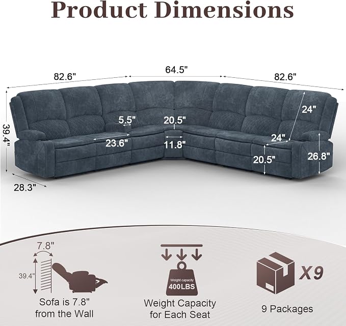 Yolsali Manual Reclining Sectional Sofa Set, 7 Seats Soft Fabric Recliner - Image 2