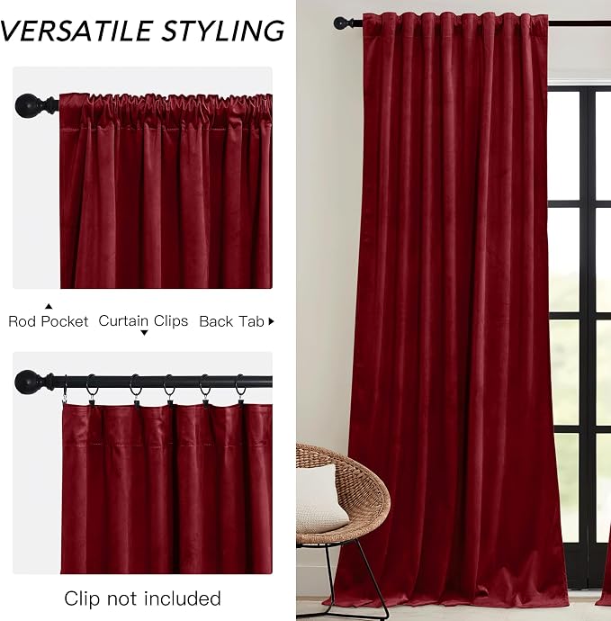 RYB HOME Chistmas Red Velvet Curtains- Super Soft Thermal Insulated Back Tab & - Image 3