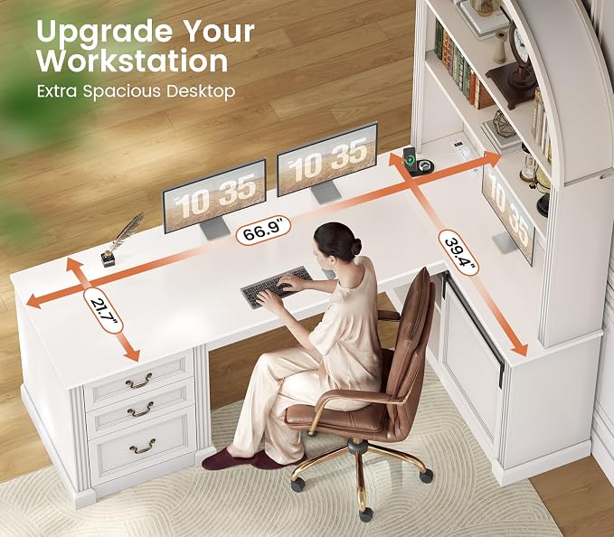 SEDETA 67" L Shaped Desk with Tall Arched Bookshelf, Mid-Century Office - Image 6