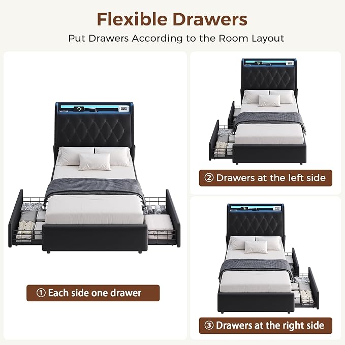 Twin LED Velvet Bed Frame with 2 Storage Drawers&Hidden Headboard, Upholstered - Image 7