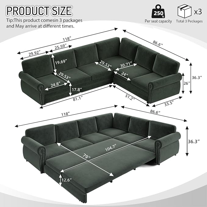 118" L-Shaped Sleeper Couch Bed - Image 2