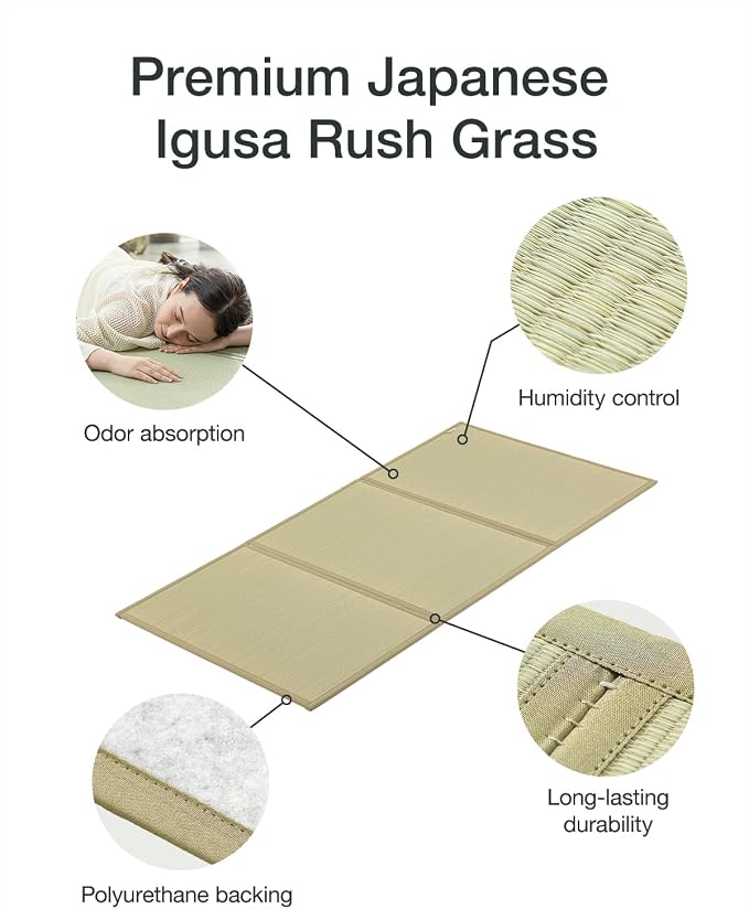 FULI Japanese Tatami Mattress, Foldable Igusa Rush Grass Tatami Rug, Natural - Image 5