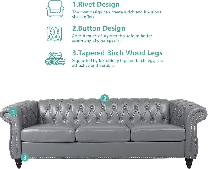 Chesterfield 3 Seater Sofa, Modern Leather Tufted Couch 3 Seater - Image 6
