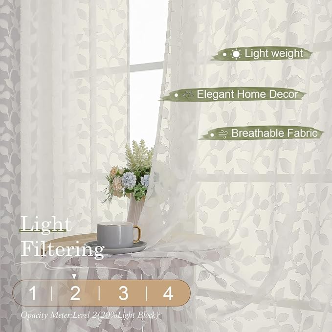 Chyhomenyc Ivory Sheer Curtains 72 Inches Long 2 Panels Set, Light Filtering - Image 2