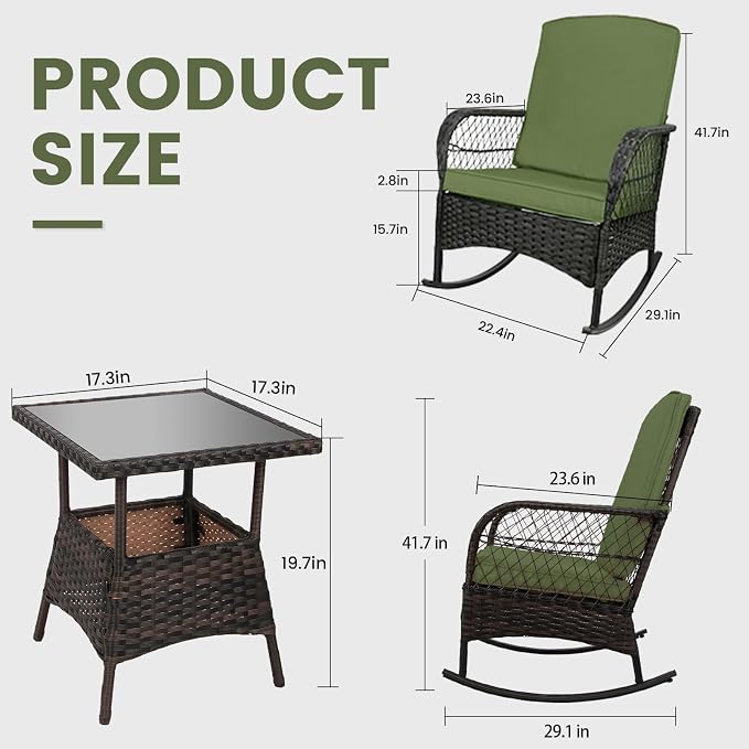LEVELEVE 3 pcs Rocking Bistro Set Conversation Chairs PE Wicker Outdoor Rocking - Image 2