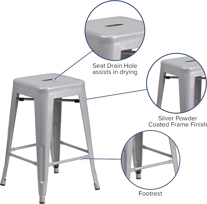 Flash Furniture Lily 4 Pack Commercial Grade 24" High Backless Silver Metal - Image 6