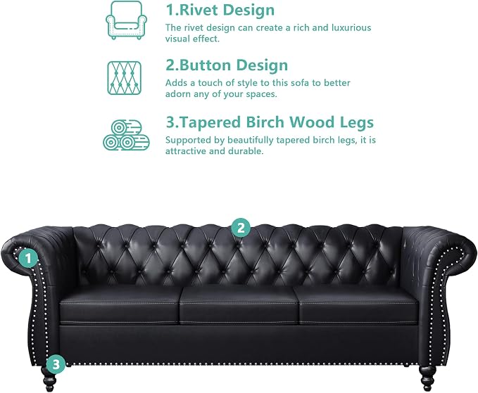 QHITTY 3 Piece Living Room Set, Sectional Chesterfield Sofa Chair Contemporary - Image 3