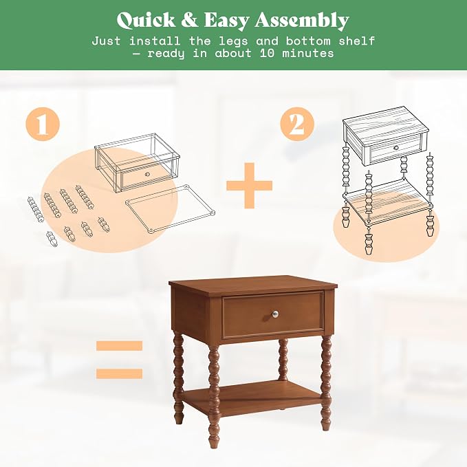 AMERLIFE 24" Wooden Nightstand, Vintage Bedside Table - Image 3