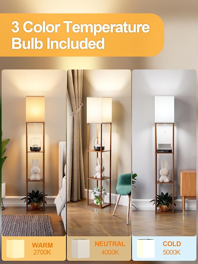 Floor Lamp with Shelves for Living Room Walnut Brown, Shelf Floor Lamp with 3 - Image 3