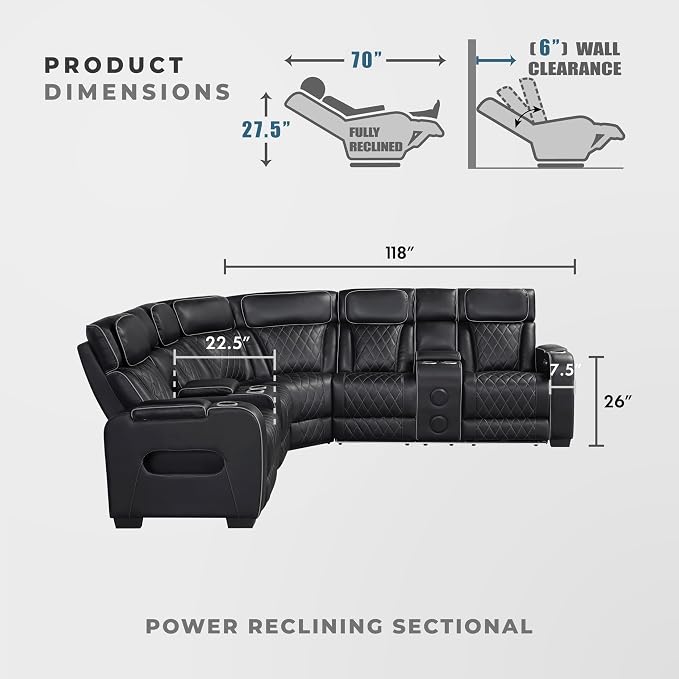 Lexicon 118" Power Reclining Sectional Sofa, Wall Hugger, 2 Recliner Seats - Image 7