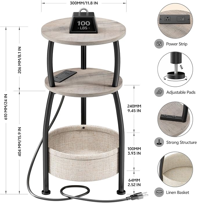 Small Side Table with Charging Station, Round End Table with Basket, USB Port - Image 3