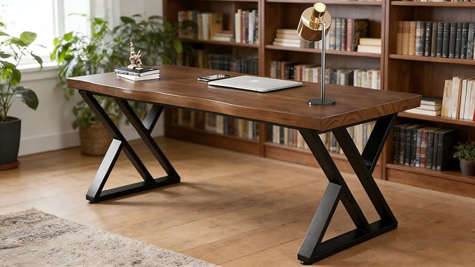 55inch Solid Wood Desk Wide Home Office Desk, Metal Modern Industrial Writing - Image 6