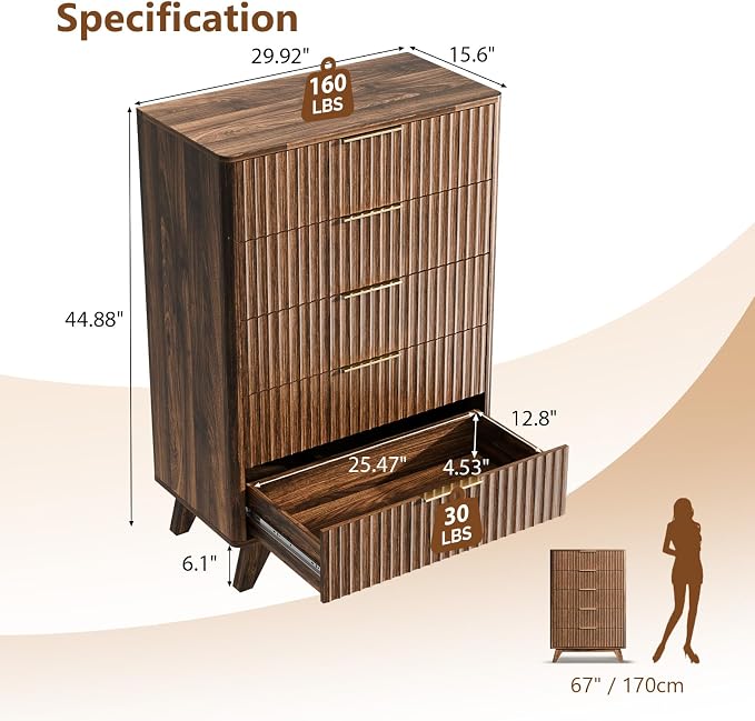 VINGLI Fluted Tall Dresser 5 Drawer Chest of Drawers, Walnut Wood Dresser - Image 2