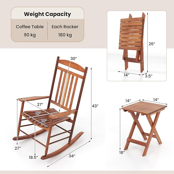 Tangkula 3-Piece Outdoor Poplar Wood Rocking Bistro Set, High Back Front Porch - Image 4