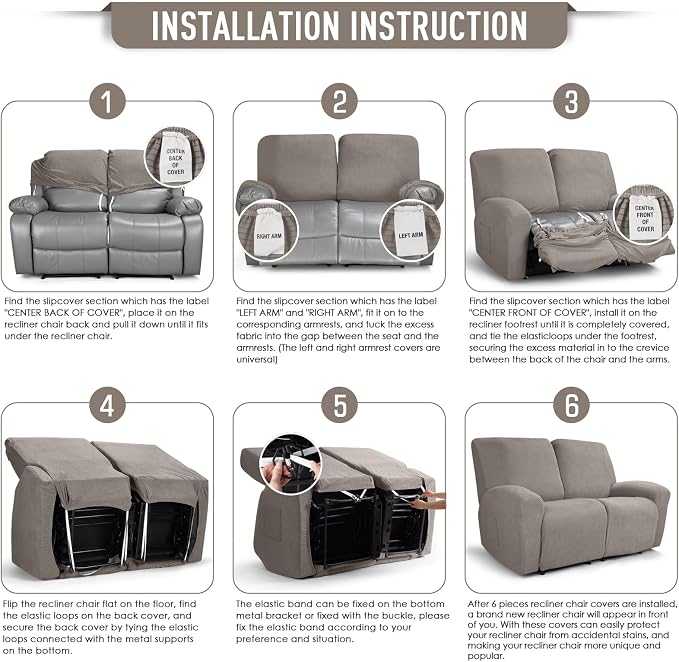 TAOCOCO Recliner Loveseat Slipcover, 6 Pieces Dual Recliner Sofa Covers - Image 6