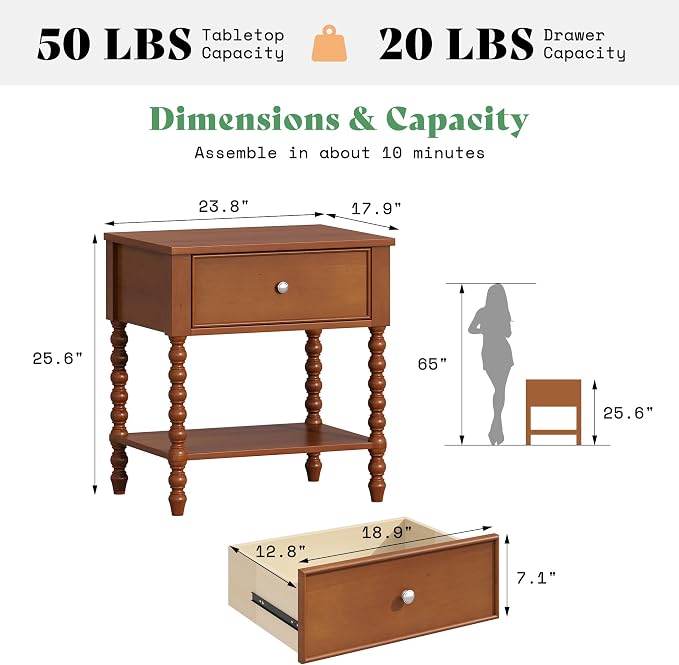AMERLIFE 24" Wooden Nightstand, Vintage Bedside Table - Image 2