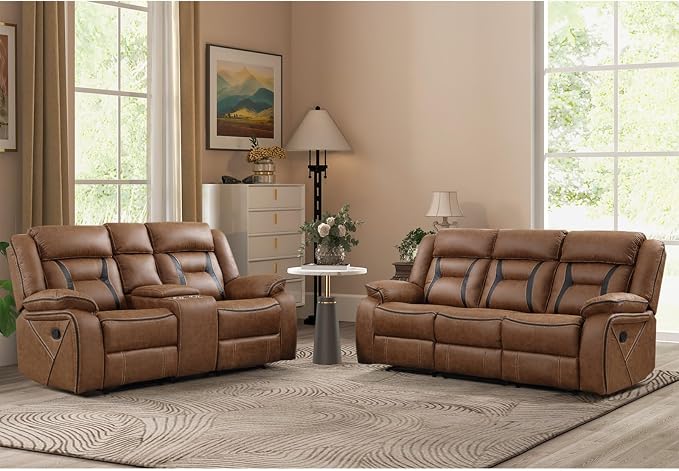 EBELLO Manual Recliner Sofa Set, Faux Leather Reclining Living Room Furniture by EBELLO