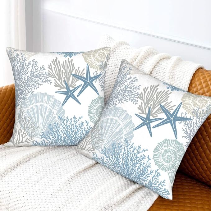 Nautical Coastal Beach Pillow Covers 16x16 Set of 2, Ocean Themed Seashell - Image 2