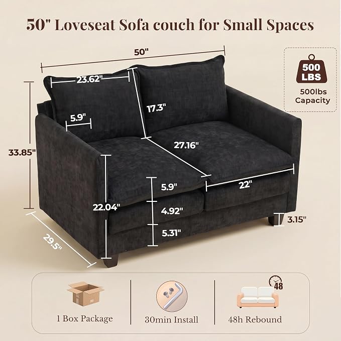 Loveseat Sofa with Cloud 3-Layer Cushion & 27" Deep Seat, Modern Small Couch No - Image 2
