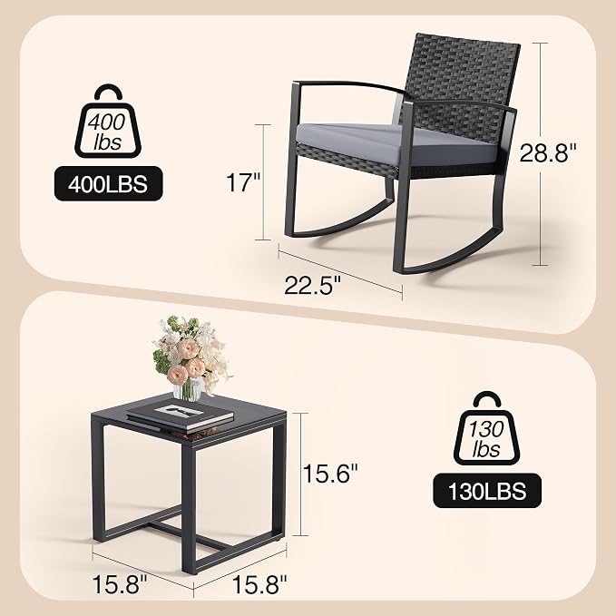 Qsun 3 Pieces Patio Furniture Set Rocking Bistro Set Outdoor Rattan Conversation - Image 2