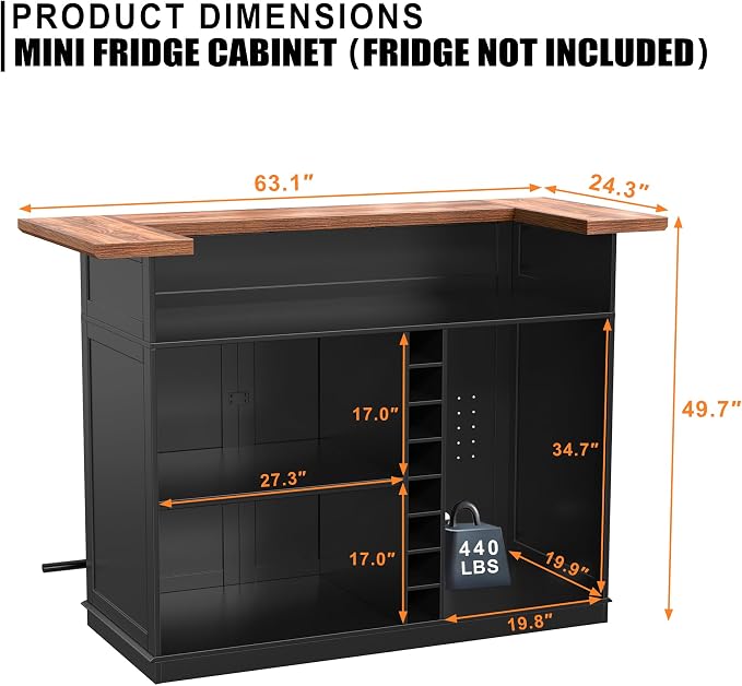 GDLF Home Bar Unit with Fridge Space, U-Shape Liquor Wine Cabinet, 63.1" Mini - Image 7