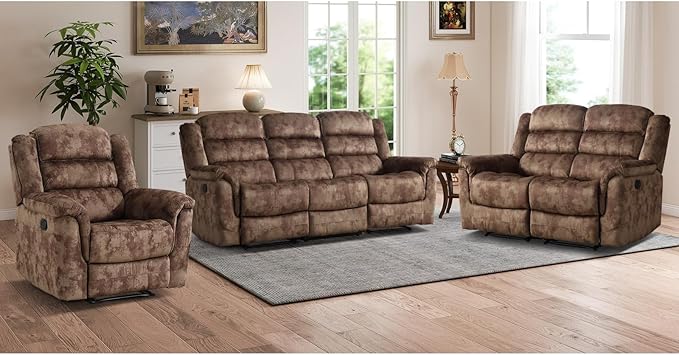 EBELLO 3 Pieces Reclining Living Room Set, Overstuffed Soft Fabric Manual by EBELLO