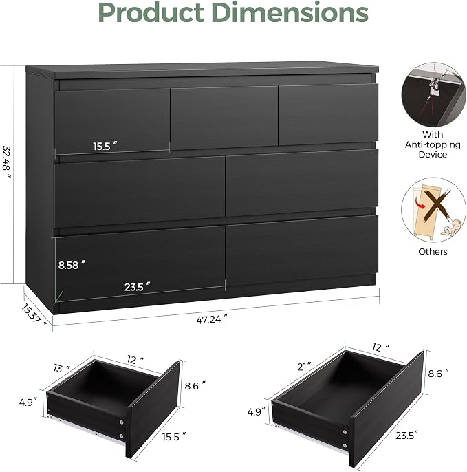 Jocoevol Modern Black 7 Drawer Dresser - Image 2