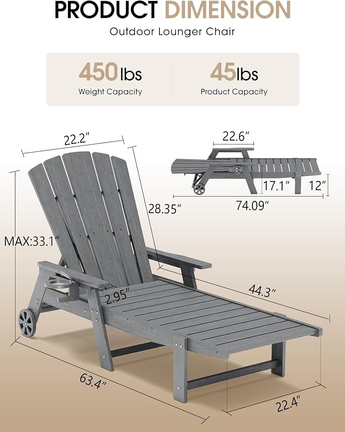 Outdoor Lounge Chair, HDPE 4-Position Adjustable Chaise Lounge Outdoor - Image 3