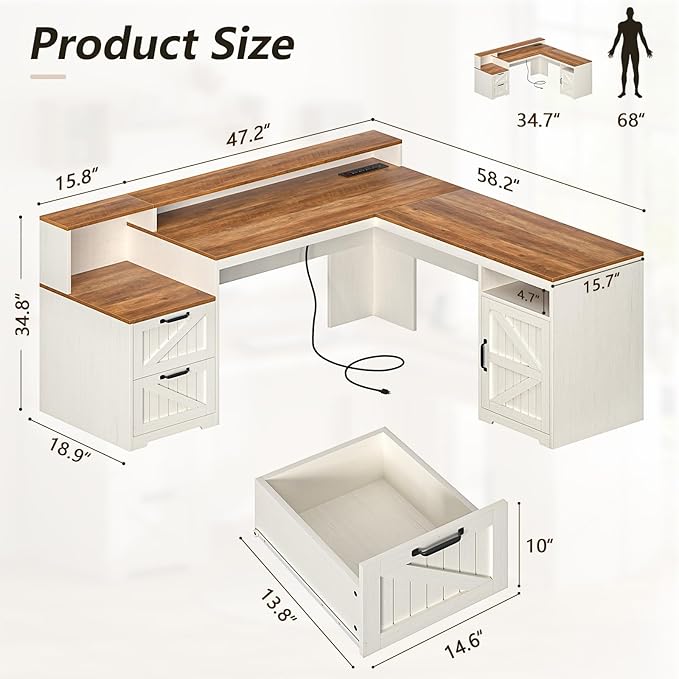YOMILUVE 63" Farmhouse L Shaped Executive Desk - Image 2