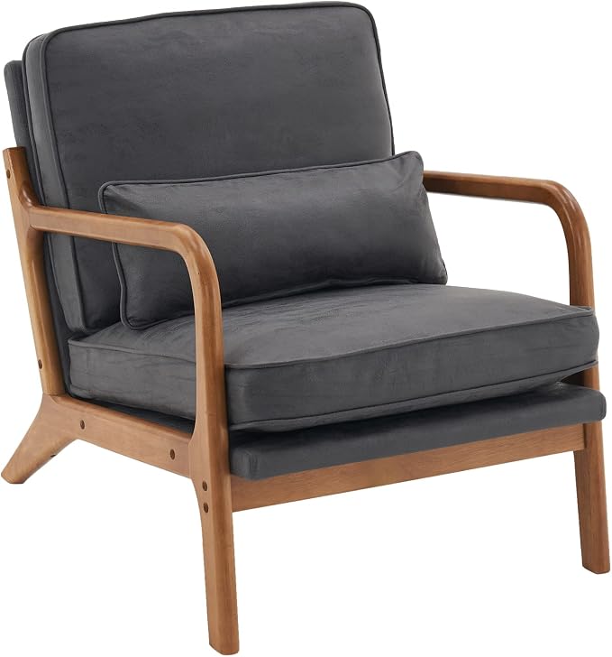 Bonnlo Microfiber Dark Grey Mid Century Modern Accent Chair, Soild Wood Padding - Image 7