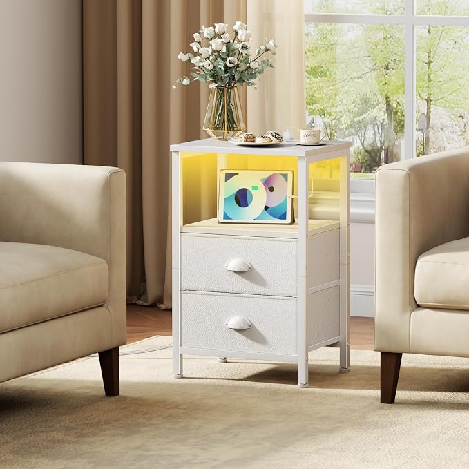 Furologee LED Night Stand with Charging Station, Bedside Table with Storage - Image 2