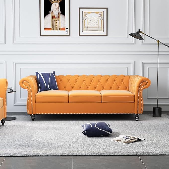 Chesterfield 3 Seater Sofa, Modern Velvet Tufted Couch 3 Seater by RUSTYER