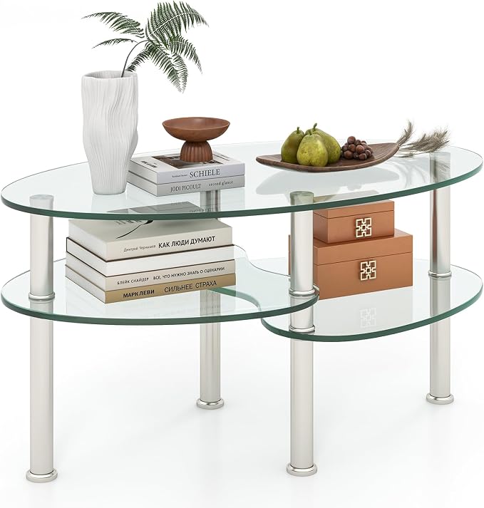 Tangkula Glass Coffee Table, Modern Furniture Decor 2-Tier Modern Oval Smooth - Image 8
