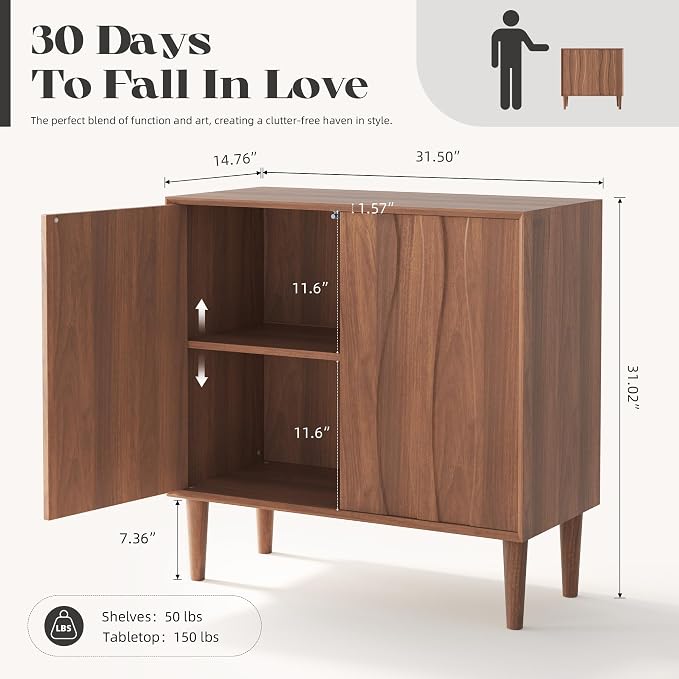 Easyego 31.5″ Mid Century Modern Sideboard Buffet Cabinet, Walnut Wood Accent - Image 2