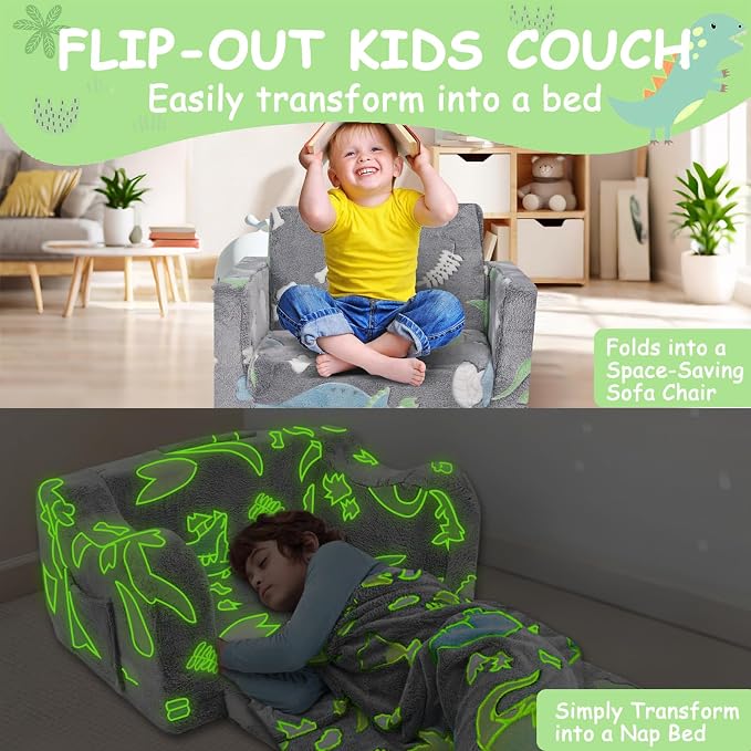2-in-1 Soft Plush Toddler Couch & Chair – Fold Out Convertible Sofa to Lounger - Image 6