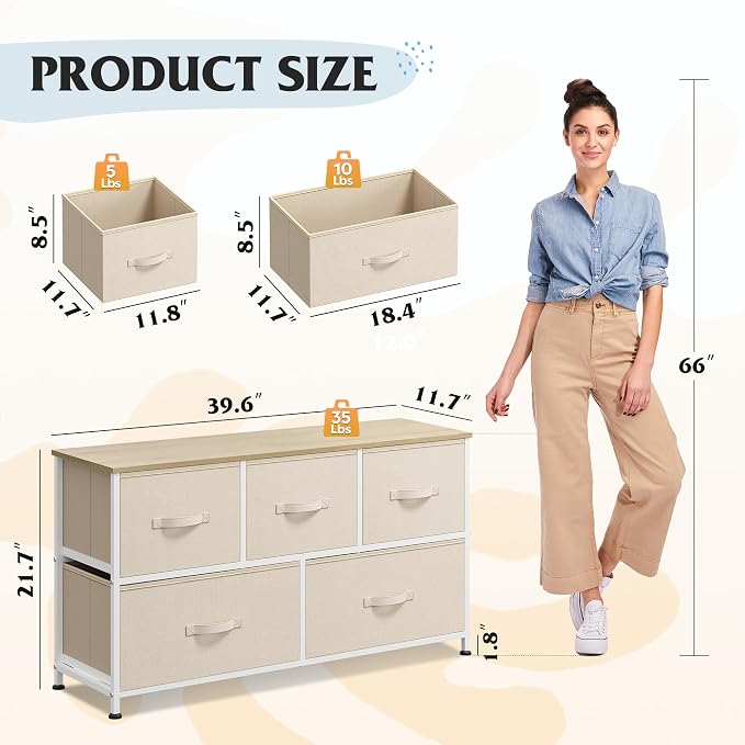 WLIVE Dresser for Bedroom with 5 Drawers, Wide Chest of Drawers, Fabric Dresser - Image 3