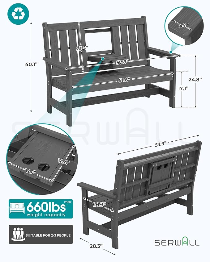 SERWALL Outdoor Bench with Cup Holder, Oversized 58" HDPE Porch Bench Suitable - Image 2