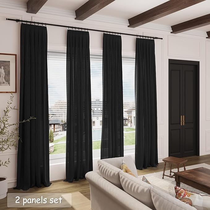 Nanspring Black Curtains 95 Inches Long 2 Panel Set Back Tab Sheer Black Linen - Image 6