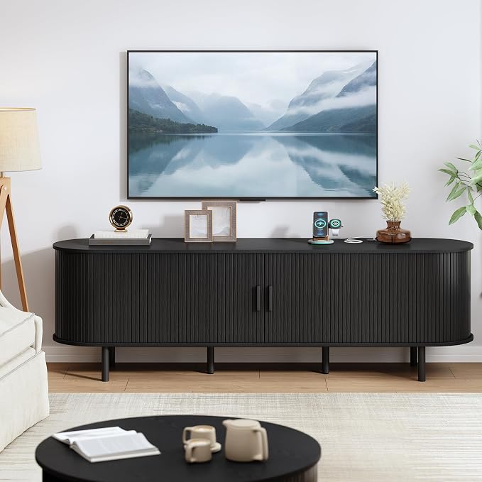 70.8" TV Stand with Power Outlet, Mid-Century Modern Television Stand, Fluted - Image 7