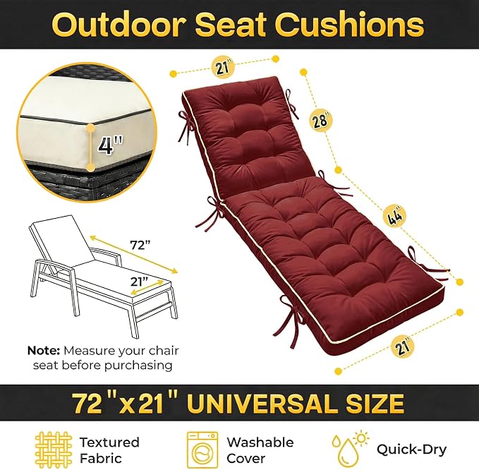 72x21 Inch Folding Chaise Lounge Cushion Quick Dry - Image 5