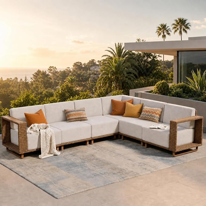 SUNSHINE VALLEY Patio Sectional Furniture, Outdoor Yellow Rattan Wicker Sofa by SUNSHINEVALLEY