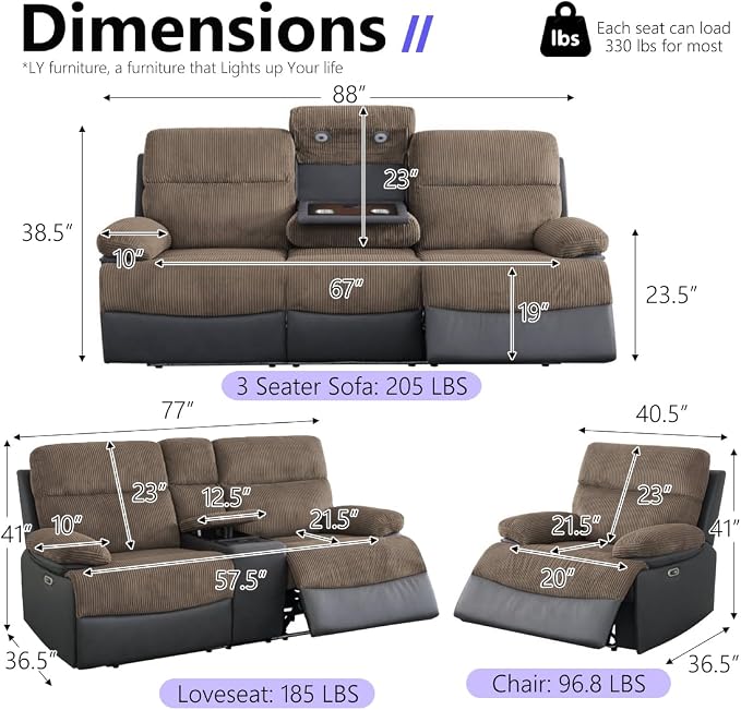 Fabric Power Reclining Sofa Set, Living Room Furniture Sets, Recliner Loveseat - Image 2