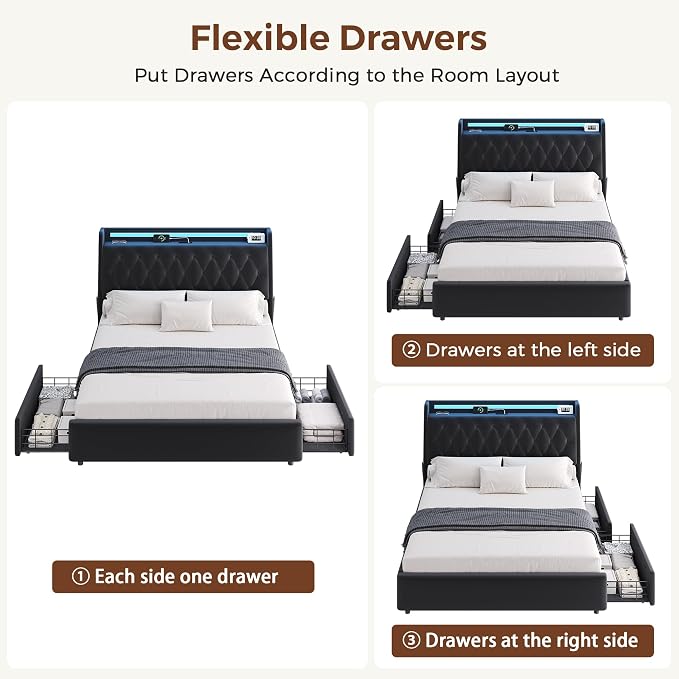 Full LED Velvet Bed Frame with 2 Storage Drawers&Hidden Headboard, Upholstered - Image 6