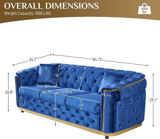 DAMAIFROM Velvet Couch Blue and Gold Sofa Luxury Loveseat 84.6" Mid Century - Image 2