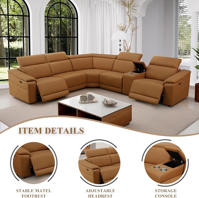 Power Recliner Sectional Sofa, L-Shaped Living Room Furniture Set, Leather - Image 6