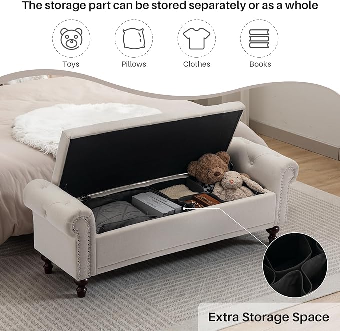 SOFTHION 58.1" Storage Bench Upholstered Linen End of Bedroom Bed Bench Ottoman - Image 3